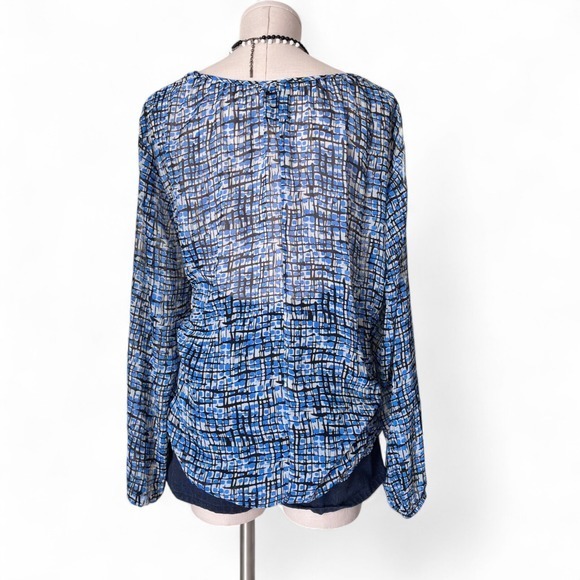 George Blue Faux Wrapβ Blouse 2X, Abstract Print Semi Sheer Stretch Waist Top - Picture 7 of 8